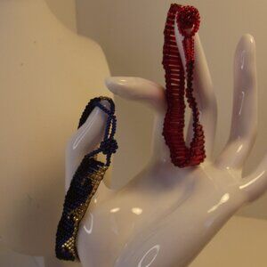 2 Beaded Bracelets - Red & Blue with Wave Pattern in Gold